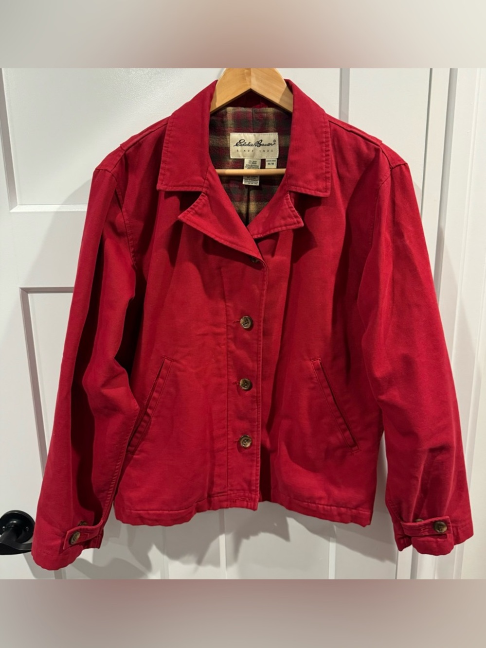 VTG Eddie Bauer women’s outdoor plaid lined canvas chore jacket sz M red